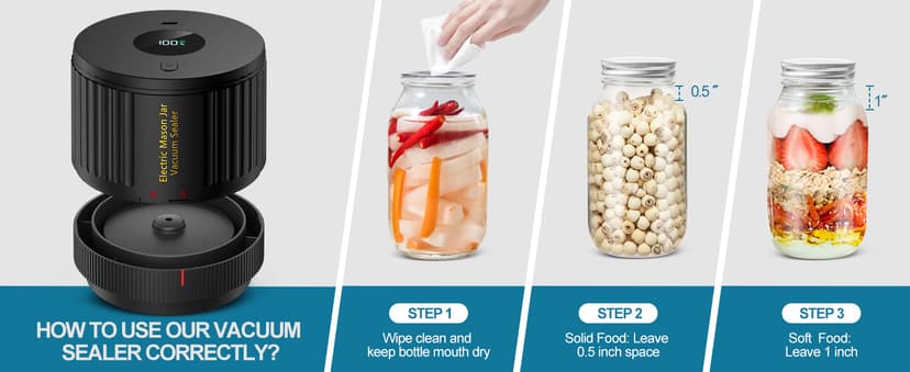 Electric Mason Cordless Vacuum Sealer Kit for Wide-Mouth & Regular-Mouth Mason Jars, for Food Storage and Fermentation, Black