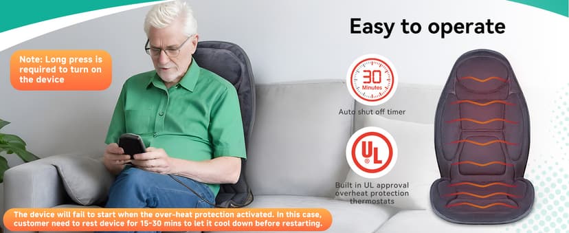 Snailax Vibration Back Massager with Heat, Massage Seat Cushion with 6 Vibrating Motors and 2 Heat Levels, Massage Chair Pad for Home Office use, Gifts for Him Her