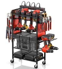 CCCEI Modular Power Tool Organizer Wall Mount with Charging Station. Garage 4 Drill Storage Shelf with Hooks, Screwdriver, Drill Bit Heavy Duty Rack, Tool Battery Holder Built in 8 Outlet Power Strip.