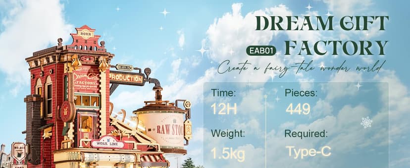 ROKR 3D Puzzle for Adults Christmas Style Dream Gift Factory Wooden Model Kit Luminous Factory DIY Dollhouse Kit Building with Music, Lights and 5 Elves for Teens & Kids