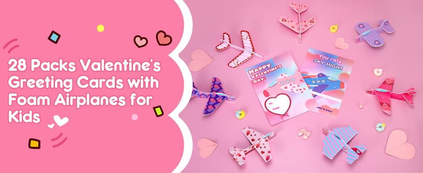 28 Pack Valentines Day Cards for Kids School with Foam Airplane, Valentines Day Gifts For Kids, Valentines Exchange Prize Gifts Cards Boys & Girl, Airplane Valentines Party Favors