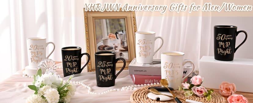 YHRJWN 25th Anniversary Presents, 25th Wedding Anniversary Presents for Couple Parents, 25th Mr Right Mrs Always Right Coffee Mugs, His and Hers Gifts, 14 Oz with Lids, Spoons and Gift Box