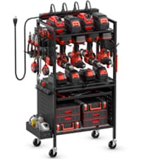 CCCEI Modular Power Tool Organizer Wall Mount with Charging Station. Garage 4 Drill Storage Shelf with Hooks, Screwdriver, Drill Bit Heavy Duty Rack, Tool Battery Holder Built in 8 Outlet Power Strip.