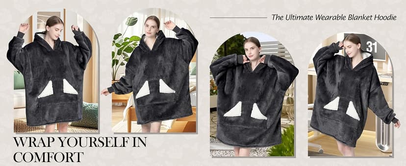 Touchat Wearable Blanket Hoodie, Oversized Sherpa Fleece Sweatshirt Blanket with Giant Hood Pocket and Sleeves for Adult, Warm & Cozy Grey Blanket Gifts for Women