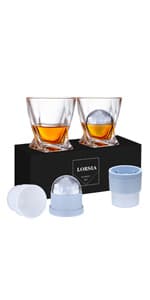 Whiskey Rocks Glass, Set of 4 (2 Crystal Bourbon Glasses, 2 Round Big Ice Ball Molds) In Gift Box - 10 Oz Old Fashioned Glasses for Scotch Cocktail Rum Cognac Vodka Liquor, Unique Gifts for Men
