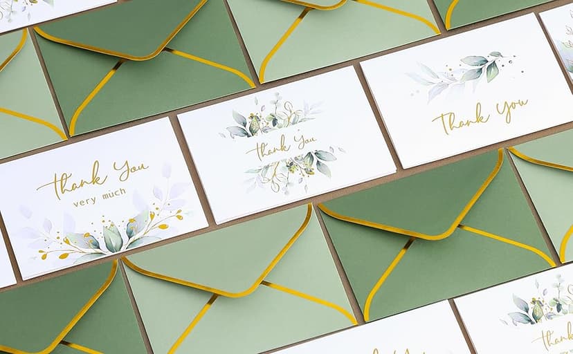 Winoo Design 100 PK Luxurious Gold Thank You Cards with Envelopes Bulk Sage Green - 5x3.5 Inches Wedding Thank You Notes Baby Shower Greenery Bridal Shower Small Business