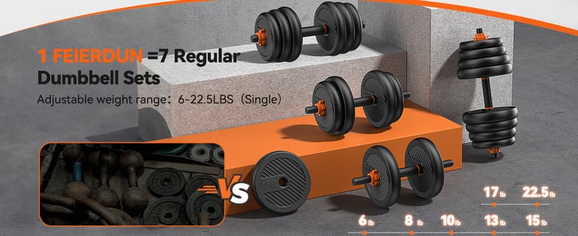 FEIERDUN Adjustable Dumbbells, 20/30/40/45/70/90lbs Free Weight Set with Connector, 5 in1 Dumbbells Set Used as Barbell, Kettlebells, Push up Stand, Weight Plate, Fitness Exercises for Home Gym Suitable Men/Women