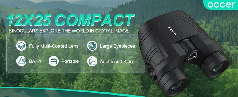 Occer 12x25 Compact Binoculars for Adults and Kids, Large Eyepiece Waterproof Binocular with Low Light Vision,High Powered Easy Focus Binoculars for Bird Watching,Outdoor Hunting,Travel,Sightseeing