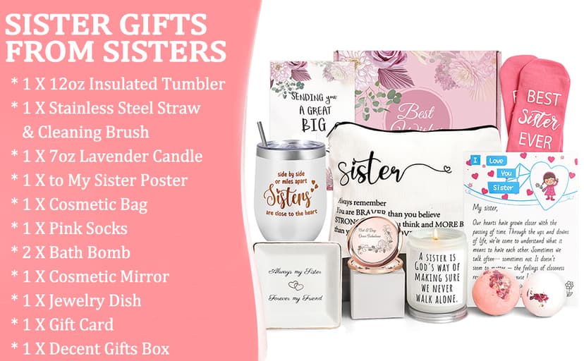 Sister Birthday Gifts, Sisters Gifts from Sister, 9PCS Unique Gift for Sisters Gift Baskets Ideas for Christmas, Birthday, Mothers Day, Valentines Day