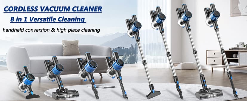 Cordless Vacuum Cleaner, 8 in 1 Powerful Suction Lightweight Vacuum Cleaner for Home, LED Display, 3 Suction Modes, 45Mins Detachable Battery Vacuum for Hard Floor Carpet Pet Hair