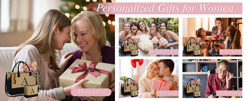 YOOLIFE Personalized Gifts for Women - Initial Jute Tote Bag & Makeup Bag, Birthday Gifts for Women Mom Wife Teacher Friend