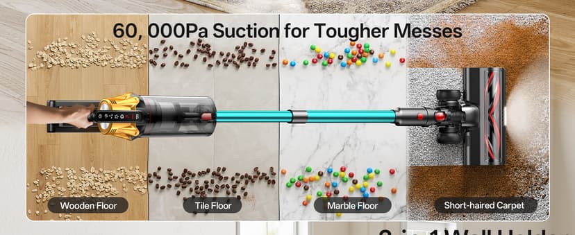 Cordless Vacuum Cleaner, 650W 55KPa 60Mins Vacuum Cleaners for Home, 8-in-1 Stick Vacuum with Charging Dock Station, Powerful Suction, Rechargeable, Versatile for Carpet, Hard Floor, Pet Hair