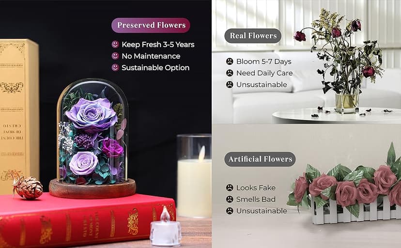 Dsuto Forever Fresh Flowers Bouquet in Glass Dome with Light, Preserved Purple Roses Gifts for Women on Birthdays, Anniversaries, Christmas, Valentine’s Day & Mother’s Day