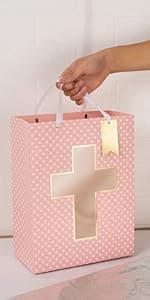 Loveinside Pink Gift Bag with Cross Design, Tissue Paper for Baby Girl Baptisms, Christenings, First Communions Religious Occasion- 10" x 5" x 13", 1 Pcs