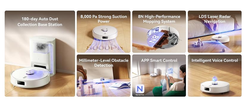 NARWAL Freo S Robot Vacuum and Mop Combo, 8000Pa Suction, 180 Days Hands Free, Self-Emptying Base, LDS Navigation, Obstacle Avoidance, Robot Vacuum Cleaner for Pet Hair & Hard Floors