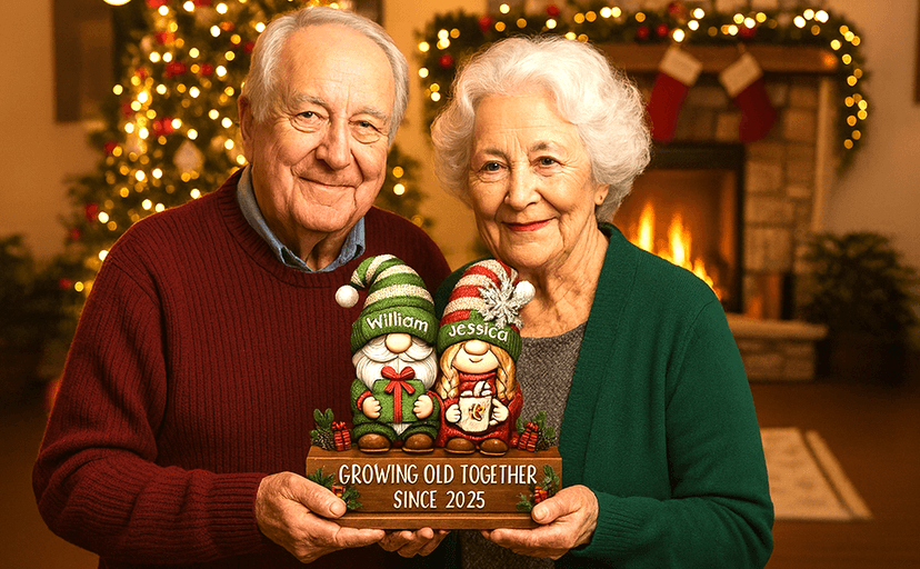 Personalized Growing Old Together Christmas Wooden Plaque, Custom Couple Figurine Gift, Festive Holiday Home Decor, Romantic Keepsake for Husband Wife, Grandparents, Anniversary Christmas Gift