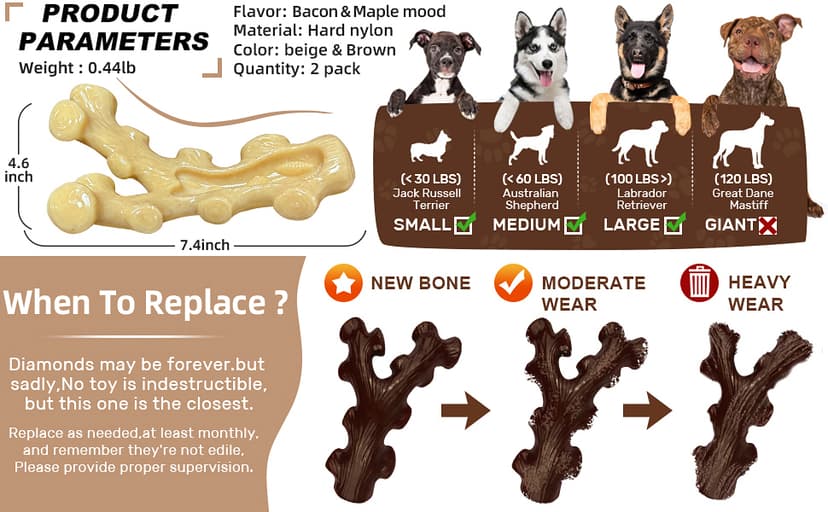 2 Pack Dog Chew Toys for Aggressive Chewers,Boredom and Stimulating Best Dog Toys for Medium/Large Breed,Tough Almost Indestructible Dog Bones for Teeth Cleaning and Training