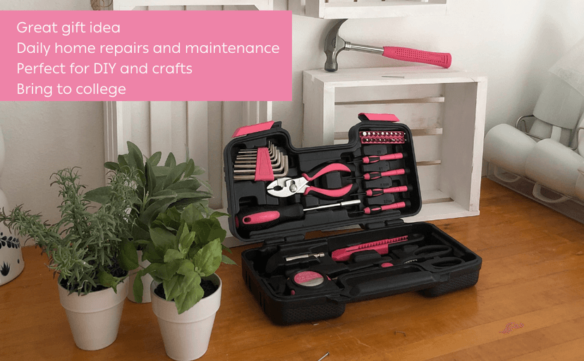 Apollo Tools Original 39 Piece General Household Tool Set in Toolbox Storage Case with Essential Hand Tools for Everyday Home Repairs, DIY and Crafts - Pink Ribbon - Pink - DT9706P