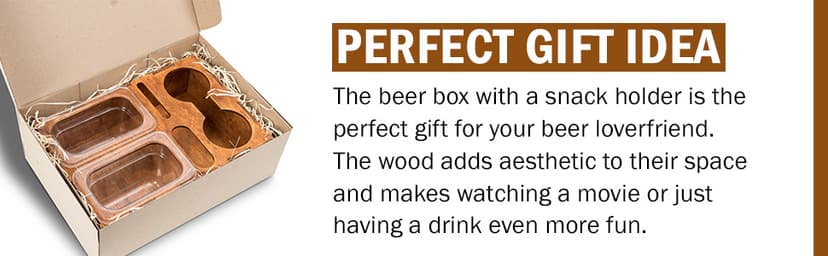Wood Beer Box - Gift for Beer Lovers, Dad, Man, Him, Boyfriend- Drink Box Snacks Tray- Table Stand Caddy with slots for glasses, chips, nuts- Couch Organizer for Beverages, Remote Control, Phone stand