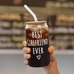 Gifts for Girlfriend - Girlfriend Gifts for Women - Anniversary, Valentines, Birthday Cup for Her - Romantic Love Glass for Her - 16 Oz Can Glass with Lid, Straw & Brush