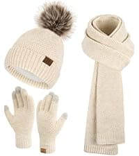 Womens Winter Warm Knit Beanie Hat Touchscreen Gloves Long Neck Scarf Set with Fleece Lined Skull Caps Gifts for Women