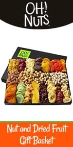Oh! Nuts Dried Fruit and Nuts Gift Basket Tower with Black Ribbon Gift Basket, 5 Tier Gourmet Arrangement Platter, Healthy Kosher Snack Box for Birthday, Anniversary