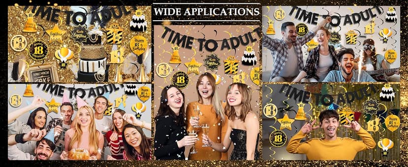 Black&Gold 18th Birthday Decorations for Boys Girls Happy 18th Birthday Decorations for Men Women Pre-Strung Time to Adult Banner and Hanging Swirls 18 Years Old Party Supplies