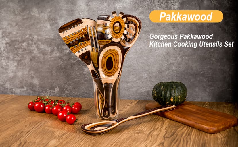 Gudamaye 7-Piece Brown Pakkawood Utensils Set – Sturdy, Eco-Friendly, Wooden Spoons for cooking, Wooden Utensil for cooking, Wooden Kitchen Tool, Home & Kitchen Gifts for Men and Women