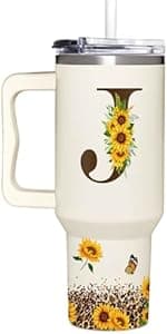 Personalized Birthday Gifts For Women - Sunflower Gifts For Women, Mom - Christmas Gifts For Womens, Mother's Day Gift For Mom, Boss - Monogrammed, Initial Tumbler Handle 40oz W Lids & Straws, K