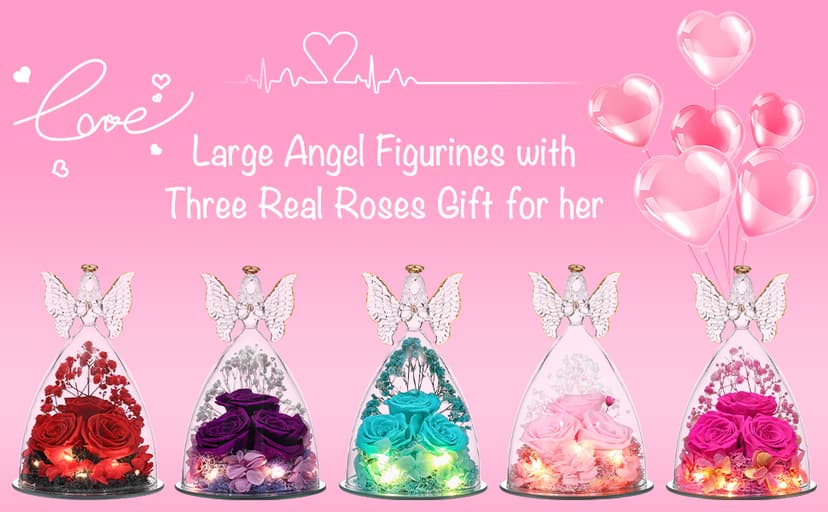Christmas Rose Gifts for Women Preserved Real Flower in Glass Angel Figurines Roses for Delivery Prime Birthday Gifts for Mom Grandma Girlfriend Wife Her - Purple