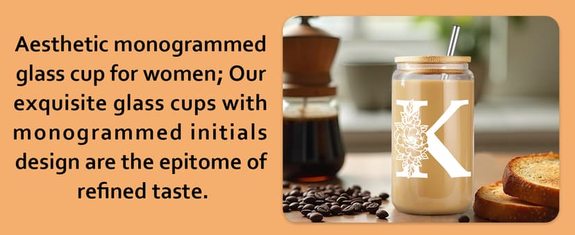 Coolife Initial Glass Cup, Monogrammed Gifts for Women, 16 oz Glass Cups w/Lids Straws, Iced Coffee Smoothie Beer Tumbler w/Straw Lid - Personalized Christmas, Birthday Gifts for Her Mom Friend Woman