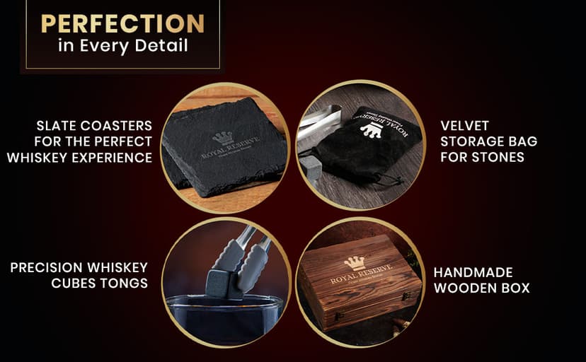 Whiskey Decanter Gift Set by Royal Reserve – Liquor Bourbon Decanter 24 oz 750 ml with Glasses, Chilling Stones, Coasters and Tong – Whiskey Gifts for Men, Husband, Dad, Boyfriend