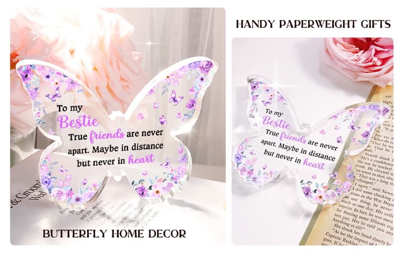 Bestie Best Friend Friendship Gifts for Women, Unique Purple Butterfly Acrylic Plaque Desk Decor, Bestie Best Friend Birthday Gifts for Women Friendship for Bff Bestfriend, 5 x 3.8 x 0.5 inches