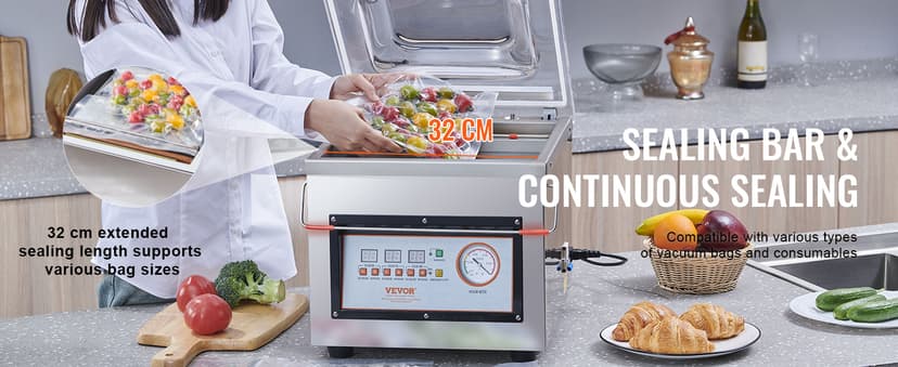 VEVOR Chamber Vacuum Sealer, 320W Sealing Power, Vacuum Packing Machine for Wet Foods, Meats, Marinades and More, Compact Size with 12.6 in Sealing Length, Applied in Home Kitchen and Commercial Use