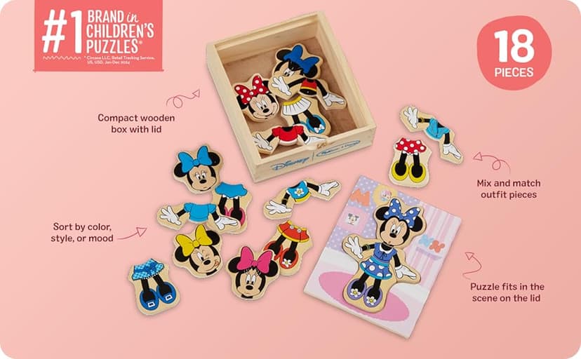Melissa & Doug Disney Minnie Mouse Dress-Up Puzzle, 18 Pieces Mix and Match Outfits, Sorting & Matching Toy with Storage Case, Educational Puzzle for Toddlers Ages 3+