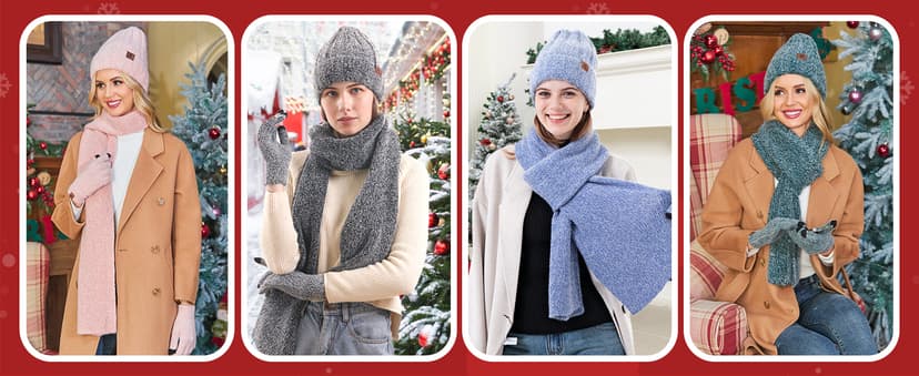 Womens Winter Warm Knit Beanie Hat Touchscreen Gloves Long Neck Scarf Set with Fleece Lined Skull Caps Gifts for Women