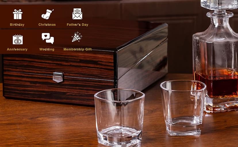 Premium Wood Gift Box w/Decanter Set - 2 Rock Glasses, Crystal Decanter, Bourbon, Whiskey, Gifts for Men, Dad, Father’s Day, Birthday, Weddings, Groomsman, Gift Ideas