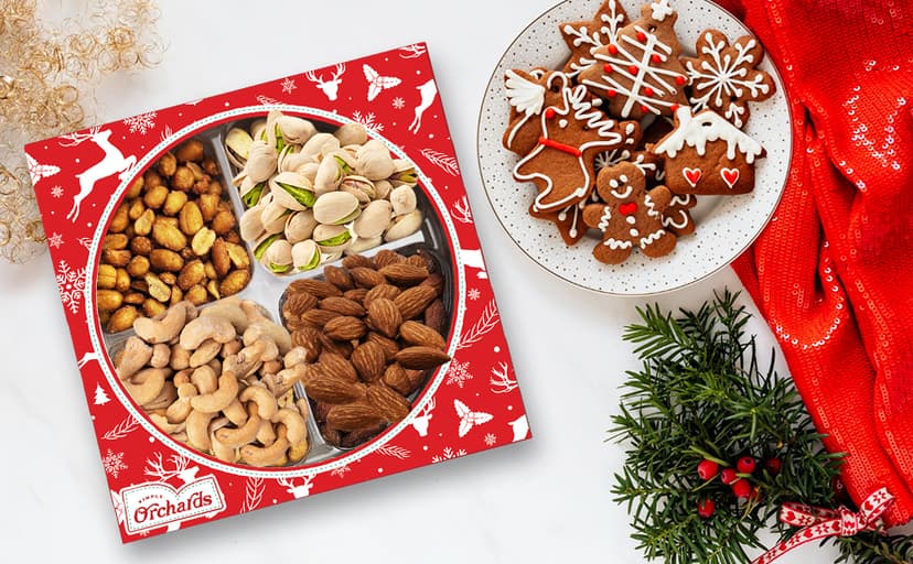 Christmas Nuts Gift Basket for Holiday Season, Premium Mixed Nut Assortment Gift Gourmet Snack Food Present Box, Christmas Gift Basket for Family (4 Sectional)