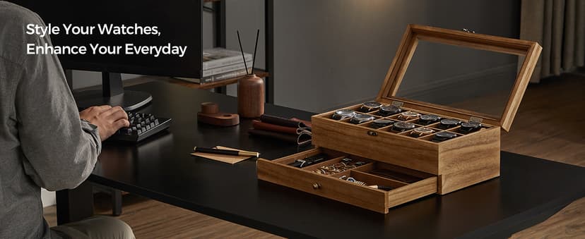 SONGMICS SONGMICS 12-Slot Watch Box, 2-Tier Watch Display Case with Large Glass Lid, Removable Watch Pillows, Velvet Lining, Jewelry Box, Gift Idea, Rustic Walnut UJOW012K01