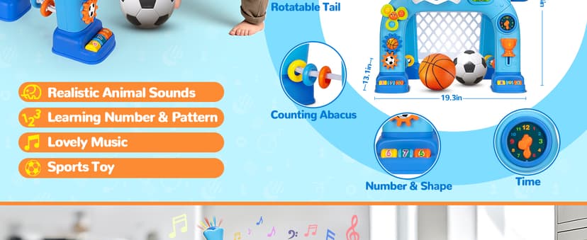 Toddler Basketball Hoop & Soccer Goal, Toys for 1 2 3 Year Old Boys Girls, Kids Sports Toy with Light Sound Music, Montessori Toys for Baby 12-18 Months, Christmas Birthday Gifts for Ages 1-3(Blue)