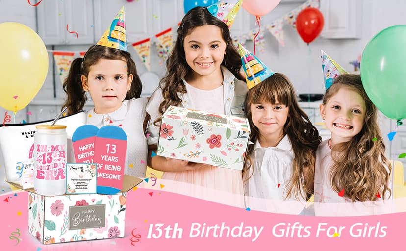 13th Birthday Gifts for Girls – Gift Set for 13 Year Old Girl with Glass, Jewelry, Bracelet, Socks, Makeup Bag – Teen Girl 13th Birthday Decorations – Present for Daughter, Niece, Granddaughter