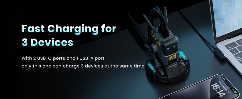 GravaStar 65W Alpha65 Robot Fast GaN Charger Block, 3-Port Fast Charger, Foldable Wall USB C Charger for iPhone, MacBook, iPad, Laptop, Steam Deck, Gifts for Men (65W, Gray)