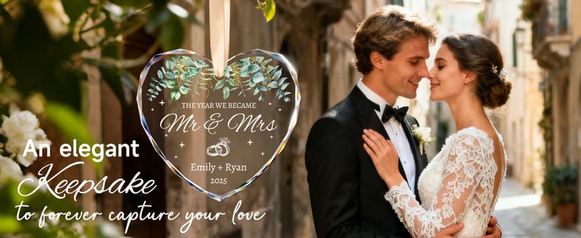 First Christmas Married Ornament, Personalized Wedding Gifts for Couple, Mr and Mrs Gift, Bridal Shower Gifts, Just Married for Newlywed Couples, Bride, Crystal Glass Wedding Christmas Ornaments 2025