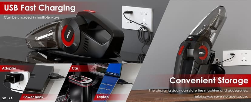 whall Handheld Cordless Car Vacuums, Wet and Dry Use 9000Pa Strong Suction Vacuums, Rechargeable Portable Vacuum Cleaner with LED, Charging Dock, Lightweight Mini Vacuum for Car, Home and Office, Red