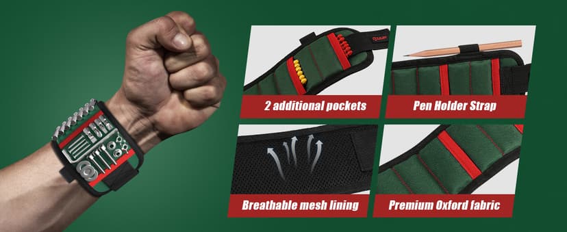 Magnetic Wristband with LED Light, Stocking Stuffers for Men, Christmas Gifts for Men, Dad, Him, Mechanics, Woodworker, Handyman, Magnet Tool Belt Wrist Band, Adjustable Wrist Screws Holder