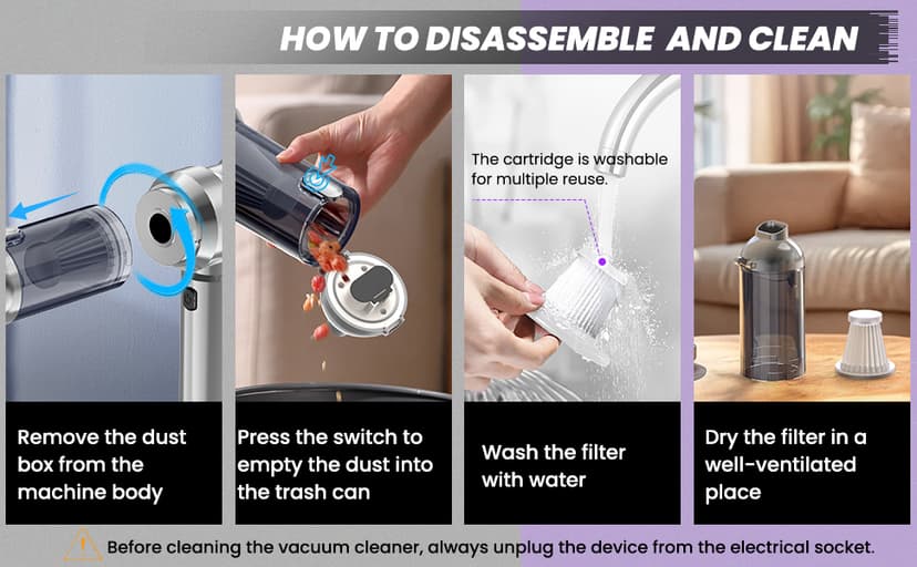 Handheld Vacuum Cordless, 28000Pa 4 in 1 Car Vacuum Portable Cordless, One-Touch Dust Removal, 3-Speed Brushless Motor Mini Vacuum, Ideal for Home, Car, Office, and Pet Hair Cleanup, Silver