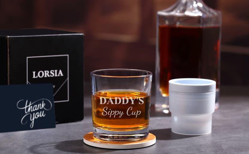 Daddy's Sippy Cup Whiskey Glass Set In Gift Box, Funny unique Gifts for New Dad, Father, Papa, Husband, Father's Day Gifts From Wife - 10 Oz Old Fashioned Glass & Ice Ball Mold & Coaster & Gift Card