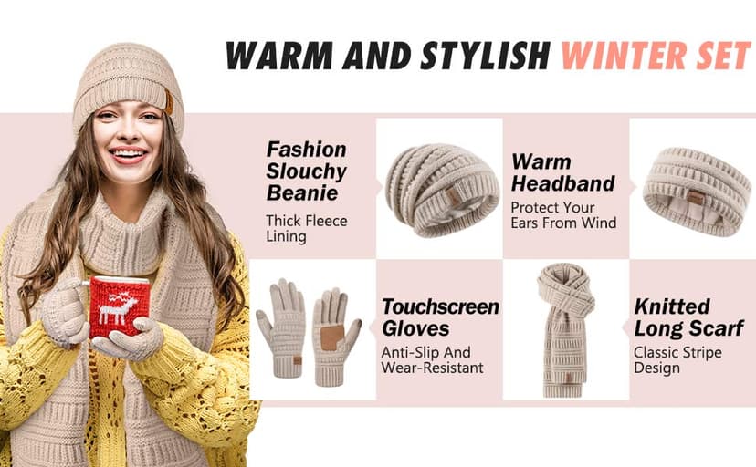 Womens Winter Beanie Hat Scarf Gloves Headband Set, Slouchy Beanie Ear Warmer Knit Scarf Touchscreen Gloves Warm 4 Gift Set