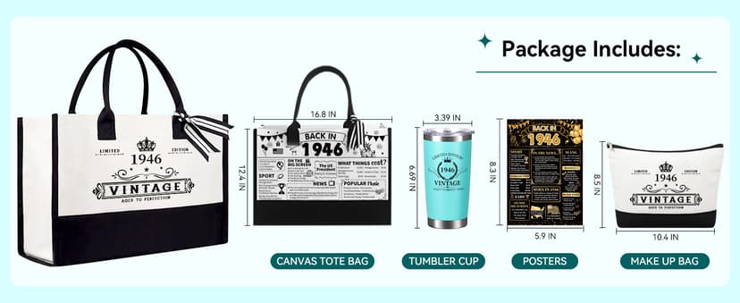 80th Birthday Gifts for Women Her- 4 pcs, Turning 80 Year Old Gifts, Decorations Canvas Beach Tote Bag & Makeup Bag, Unique Happy 80th Birthday gifts for Her Mom Wife Friends