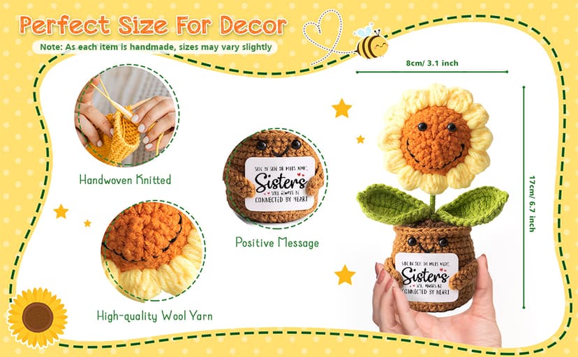 Sister Gifts from Sister - Positive Sunflower Crochet - Side by Side Or Miles Apart Sisters Emotional Sunflower Support Crochet - Birthday, Graduation, Long Distance Gifts for Women, Soul Sisters